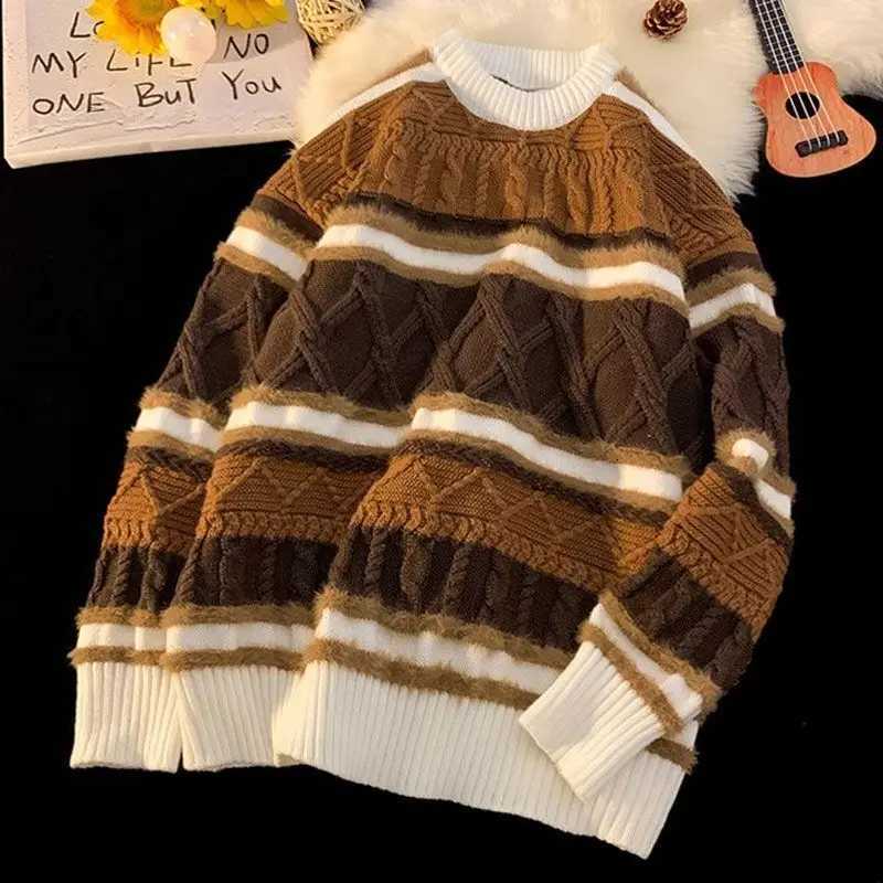 Fashion American autumn and winter street fashion personalized jacquard round neck pullover for couples loose retro color blocked knit Y251110