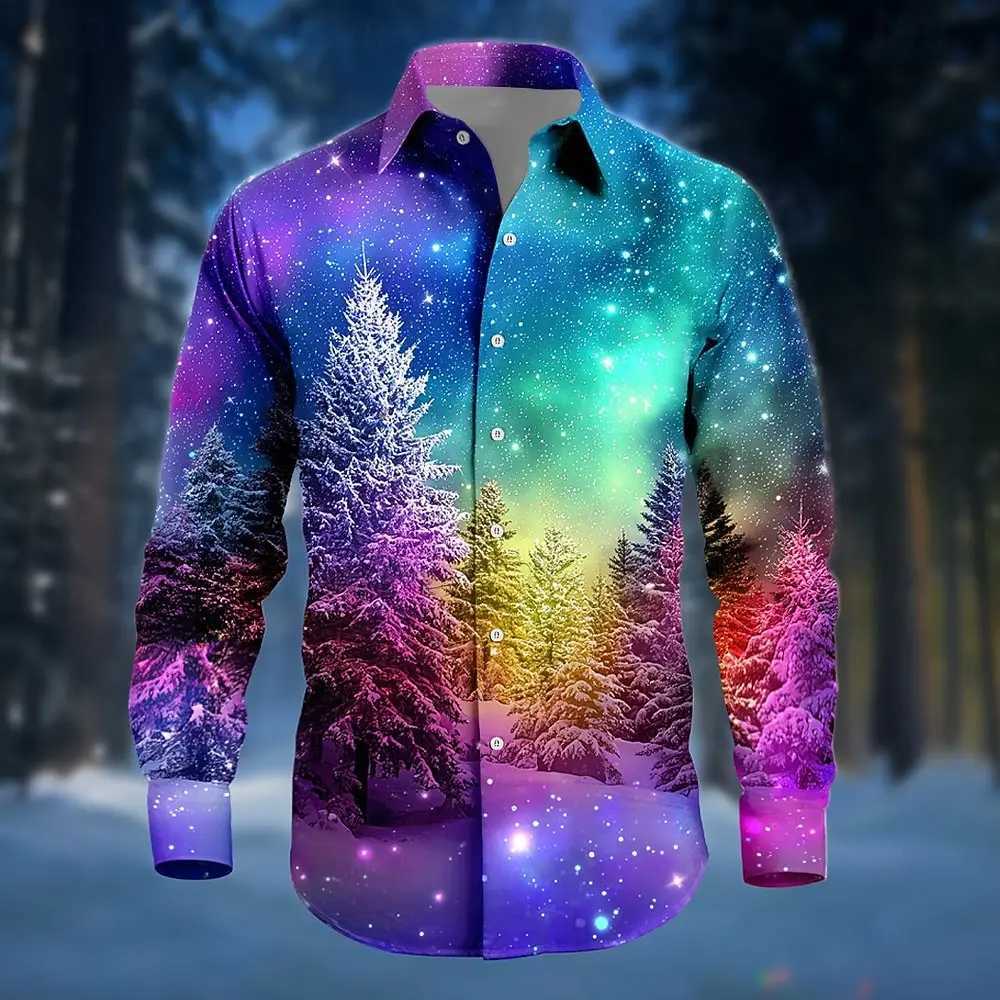 Fashion Mens Long Sleeve Shirt 2025 Christmas Tree Aurora Christmas Casaul Costume Shirt Streetwear Comfort Slim Fit Shirts K251110