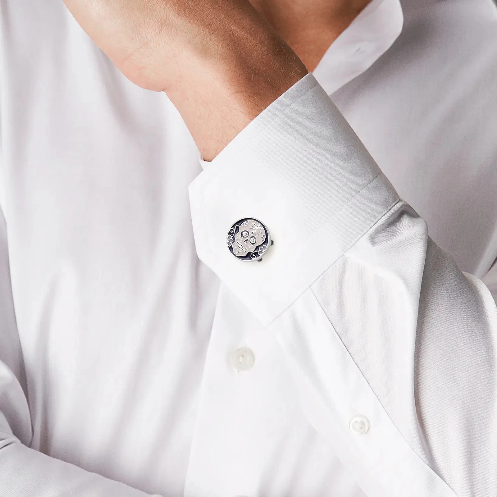 Skull Crystal button cover for men shirt mens fun shirt cufflinks black enamel skeleton cufflinks with gift box 250409