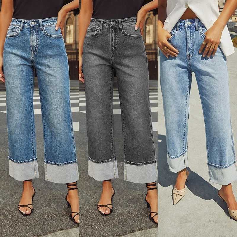 Women Jeans 2024 Autumn Stretch Straight Pants Pockets High Waist Vintage Distressed Denim Ankle Length Trousers Casual Denims C251110