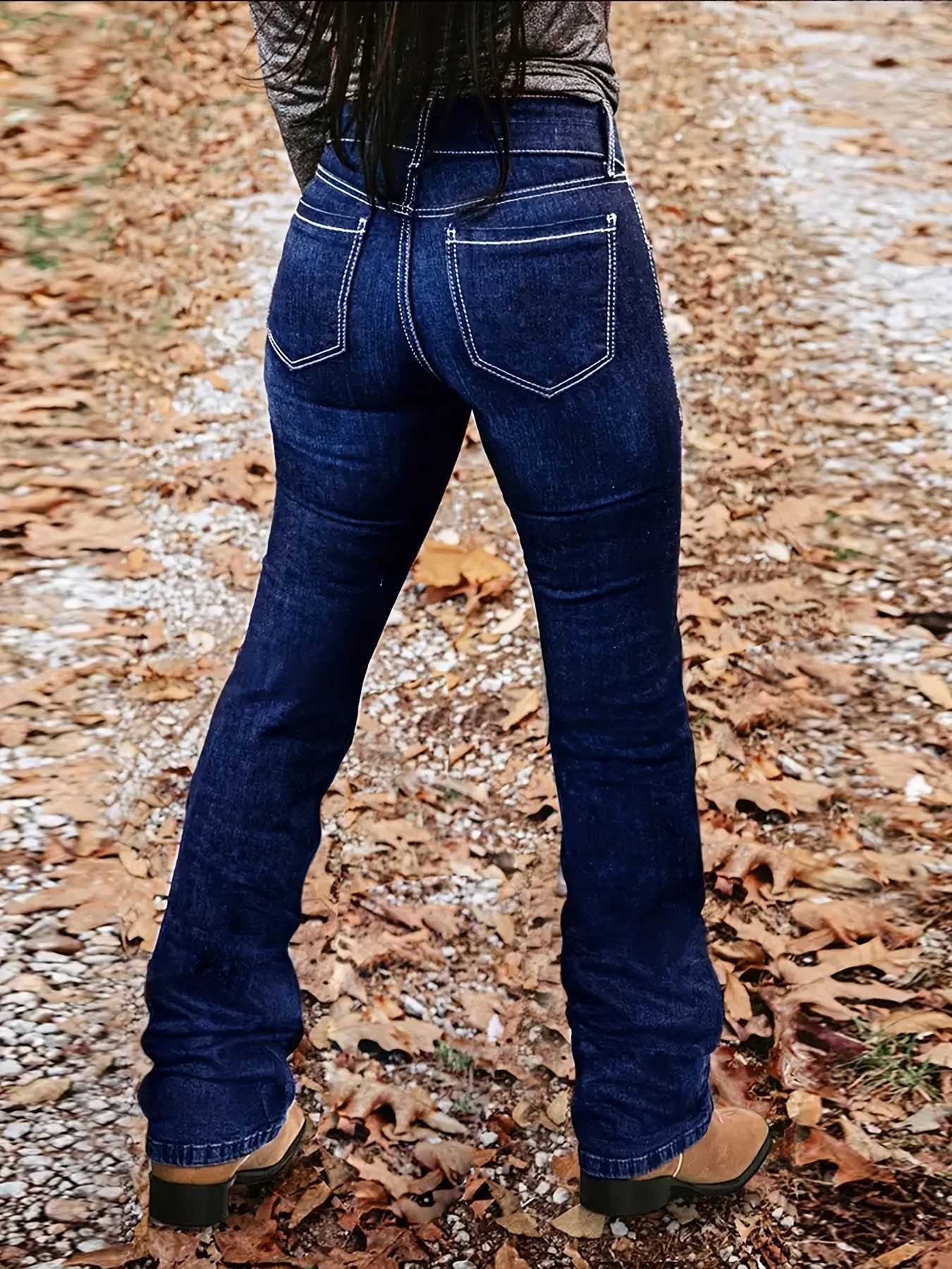 Womens mid high waisted elastic button deep blue micro flared denim pants C251110