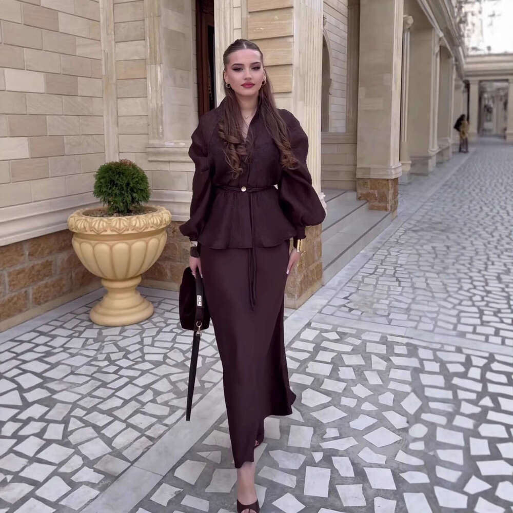 European and American Cross-Border Women's Fashion Autumn New Elegant V-Neck Waist-Cinching Long Sleeve Cardigan Top High-Waisted Skirt Set