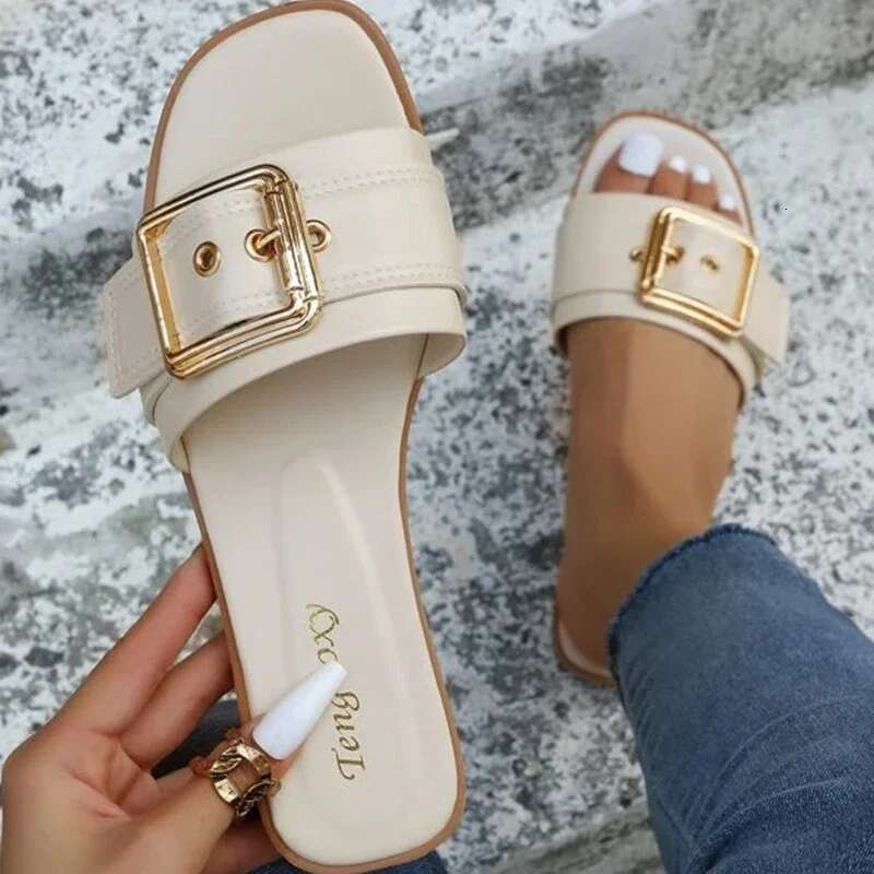Personality New Slides Buckle Open Toe Wear-resistant Office White Flat Slippers Summer Sandy Beach Sandals Women Shoes