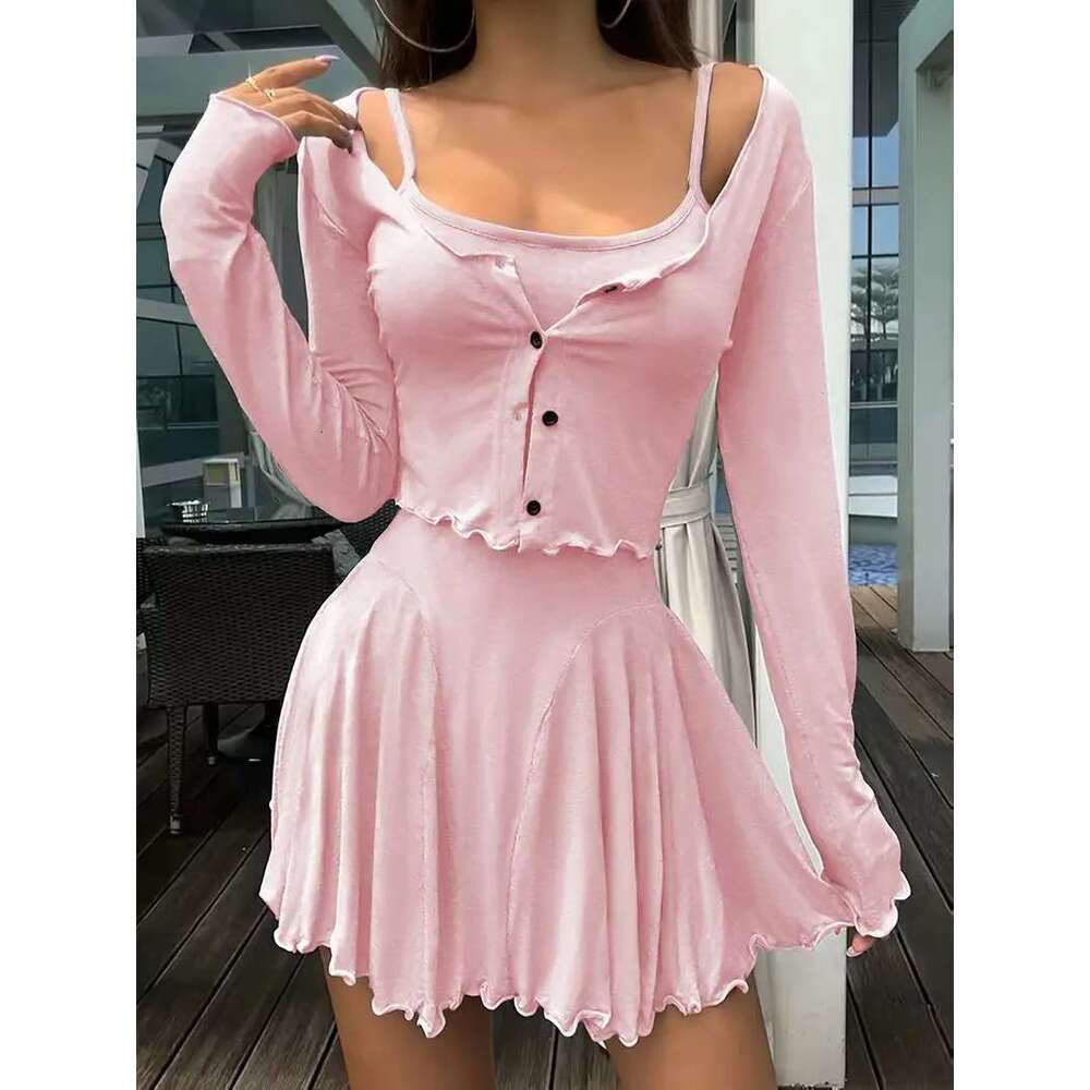 Sweet Spicy Girl for Women Retro Simple Cardigan Jacket Layered Summer Strap Dress Two-Piece Set European and American Style