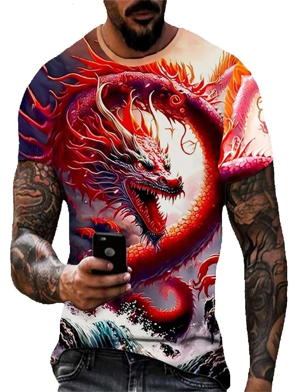 3D dragon print Haruku Street short sleeved round neck fashionable and personalized men's T-shirt, oversized casual T-shirt top
