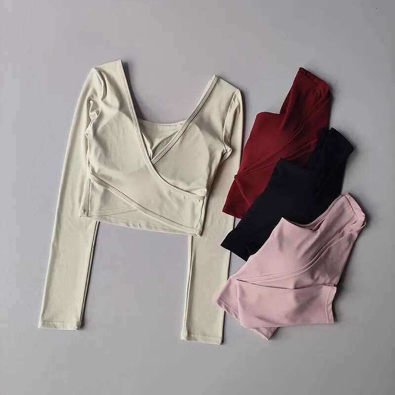 Women's Long Sleeve Yoga Cross Back Fitness Exercise Suit Fixed Chest Cushion Comfortable Sports Bra Top