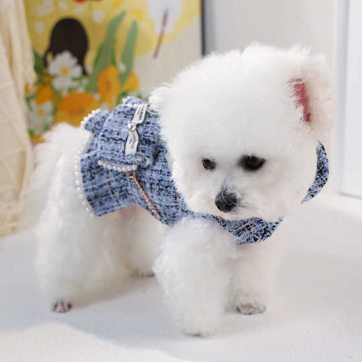 1-Piece Dog Clothes Cat Dog Pet Dress Autumn and Winter Thickened Warm Blue Skirt with Small Backpack J251110