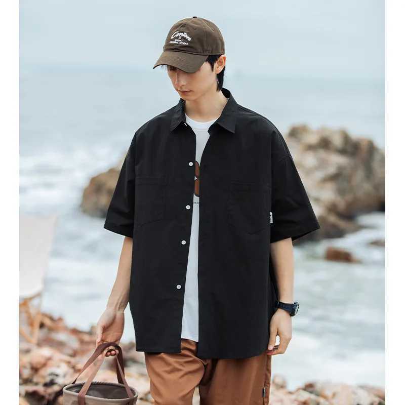 Mens dual pocket design short sleeved mens retro loose solid color simple casual trend brand from Japan X250410
