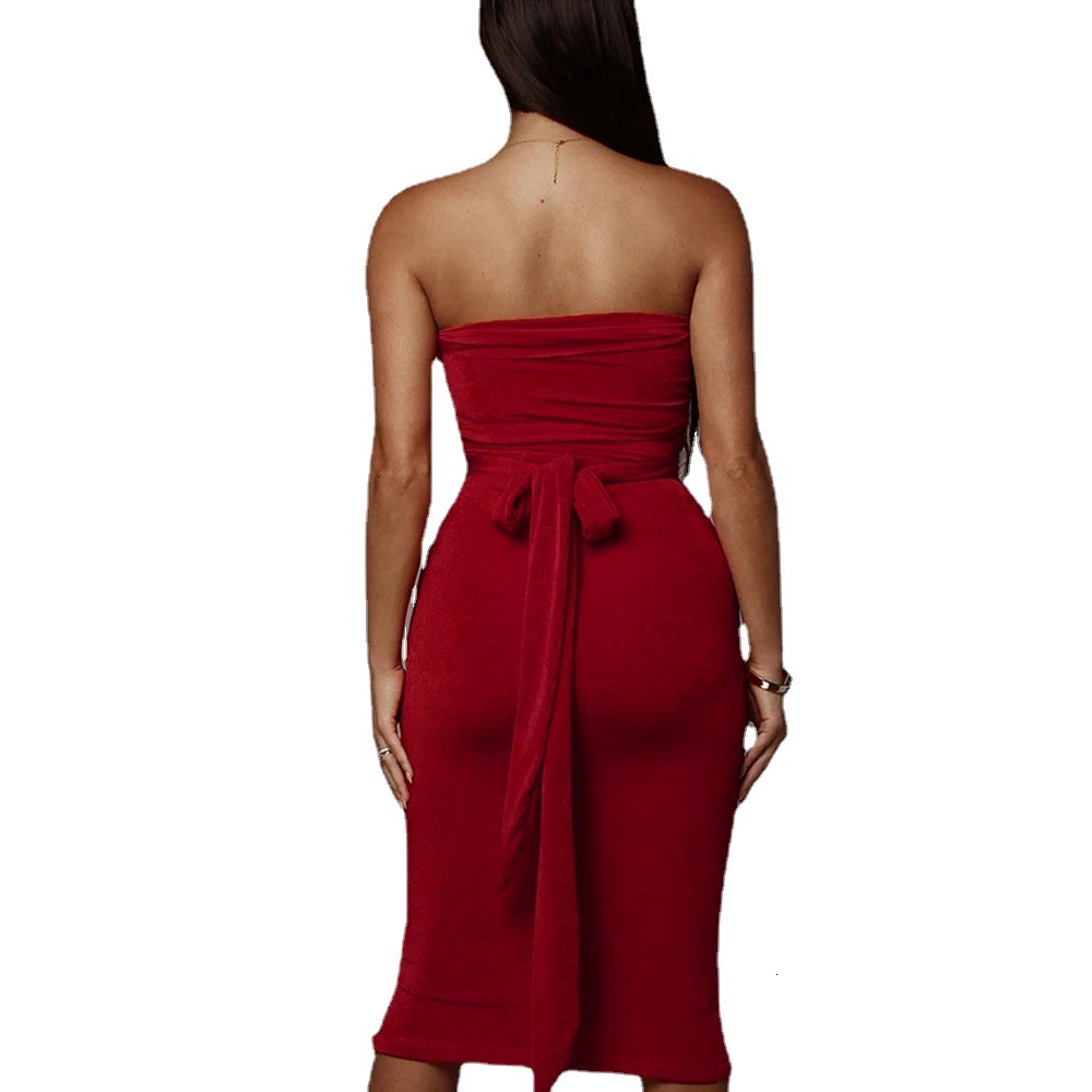 INS New 2025 Sexy Strap Top High Waist Half Body Pleated Fashion Dress Set