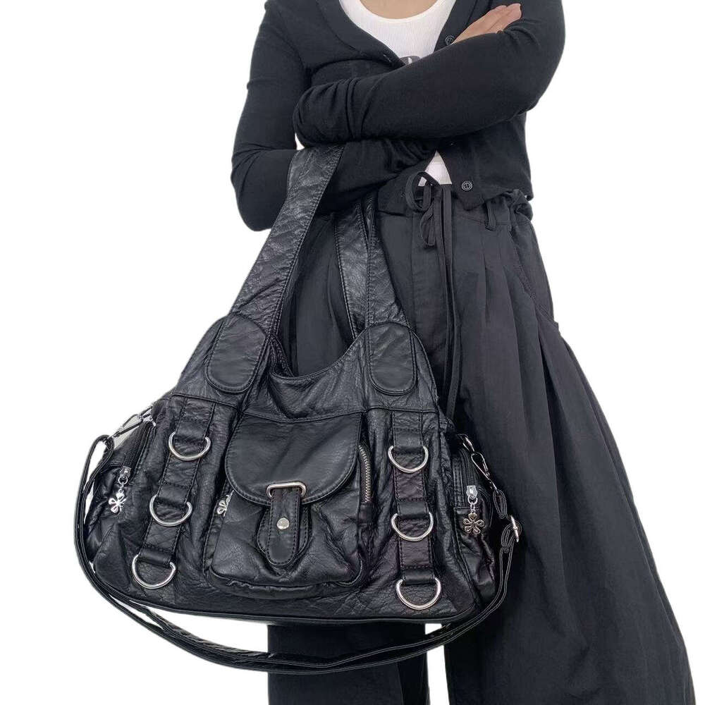 Women Retro Motorcycle Inspired Handbag Large Capacity Multi Pocket Crossbody Handbag With Detachable Strap, Golden Tone Hardware White