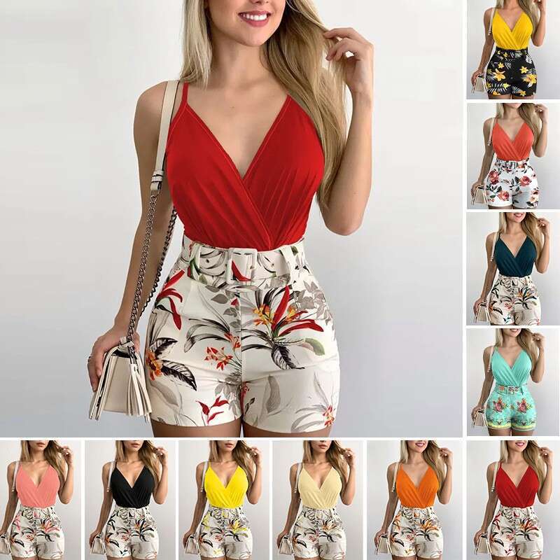 2025 European American Cross-Border New Women's Fashion V-Neck Camisole and Plant Print Shorts Set with Belt