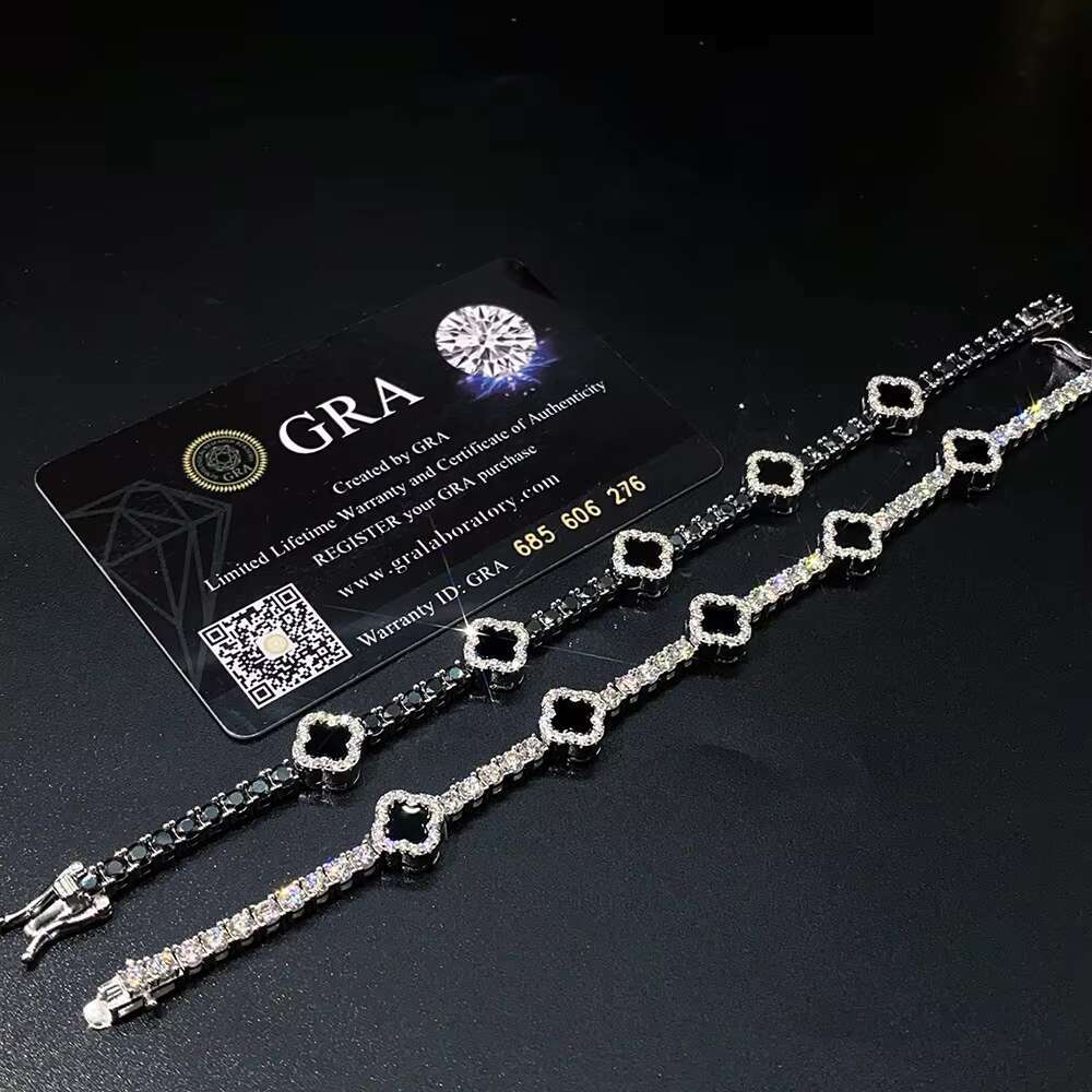 Fine Jewelry Clover Four Leaf Clover White Gold Plated Jewellery 925 Sterling Silver Charm Moissanite Tennis Bracelet