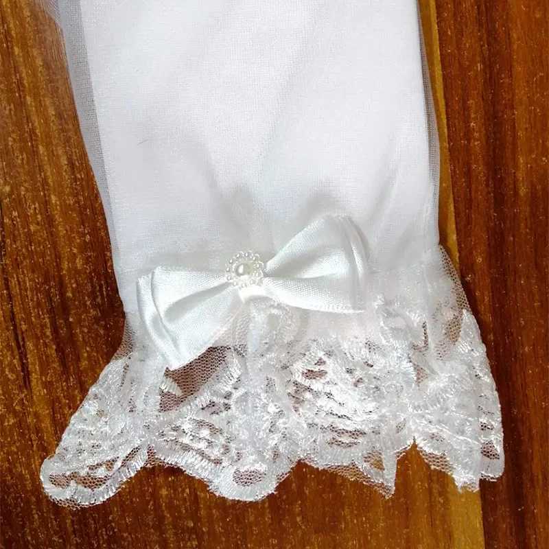 Ivory Short Fingerless Tulle Bridal Gloves with Pearl Accent Lace Cuff Perfect for Summer Weddings L251110