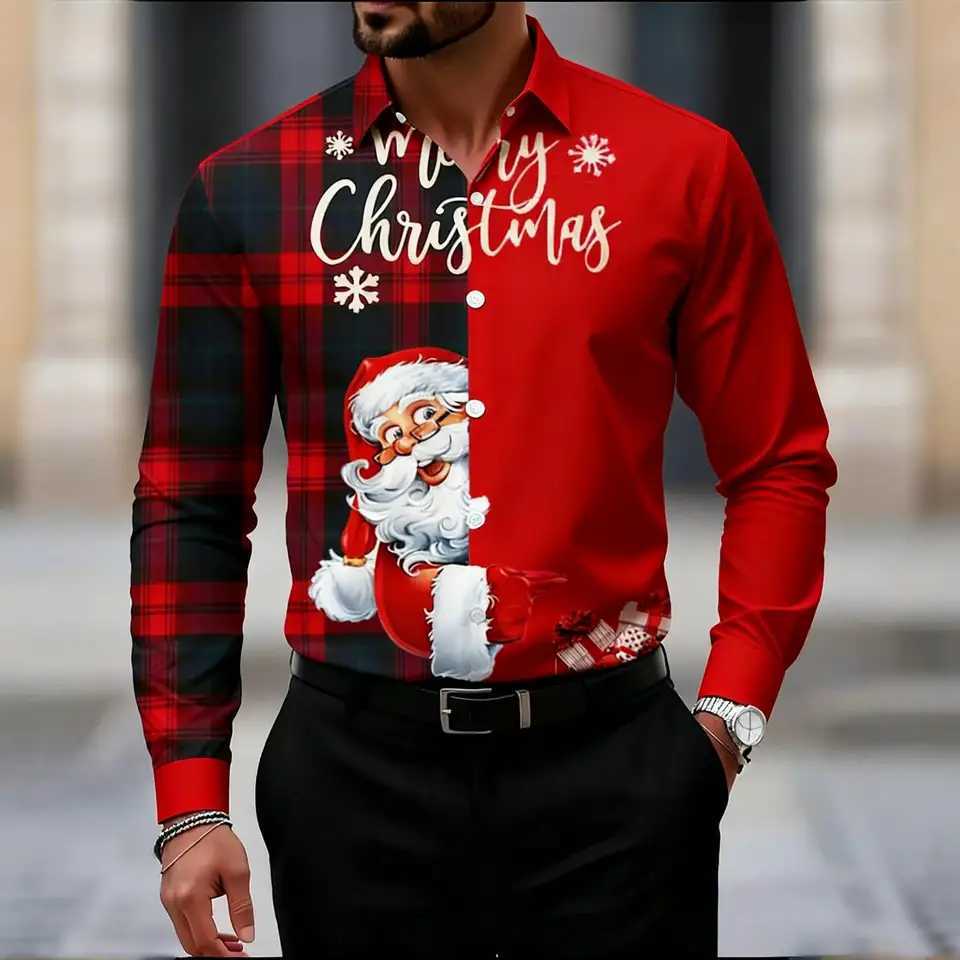 2025 Mens Funny Santa Claus Graphics Christmas Long Sleeve Shirt Button Up Shirt Funny Outdoor Holiday Turndown shirts K251110