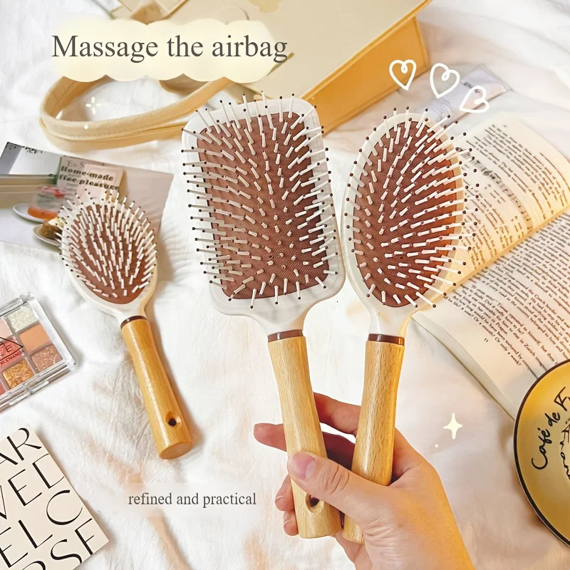Wooden handle air cushion massage comb for girls with large curly hair and cute air bag comb 251107