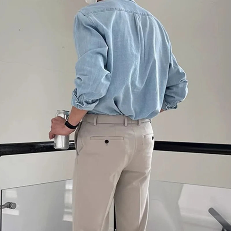 Streetwear Mens Denim Shirts Fashion Patchwork Pockets Long Sleeve Jean Shirt for Men Vintage Solid Color Button Denim Cardigans 250408