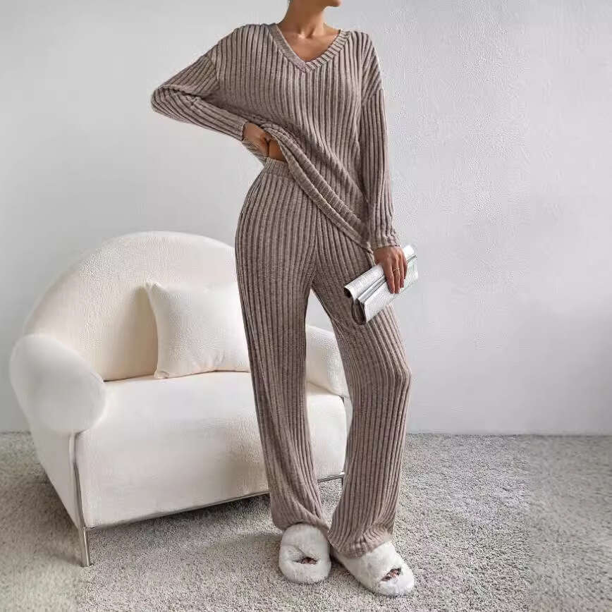 Cross-Border Two-Piece for Women 2023 Autumn New Fashion Casual Straight-Leg Pants Elegant Loose V-Neck Ribbed Knit Set