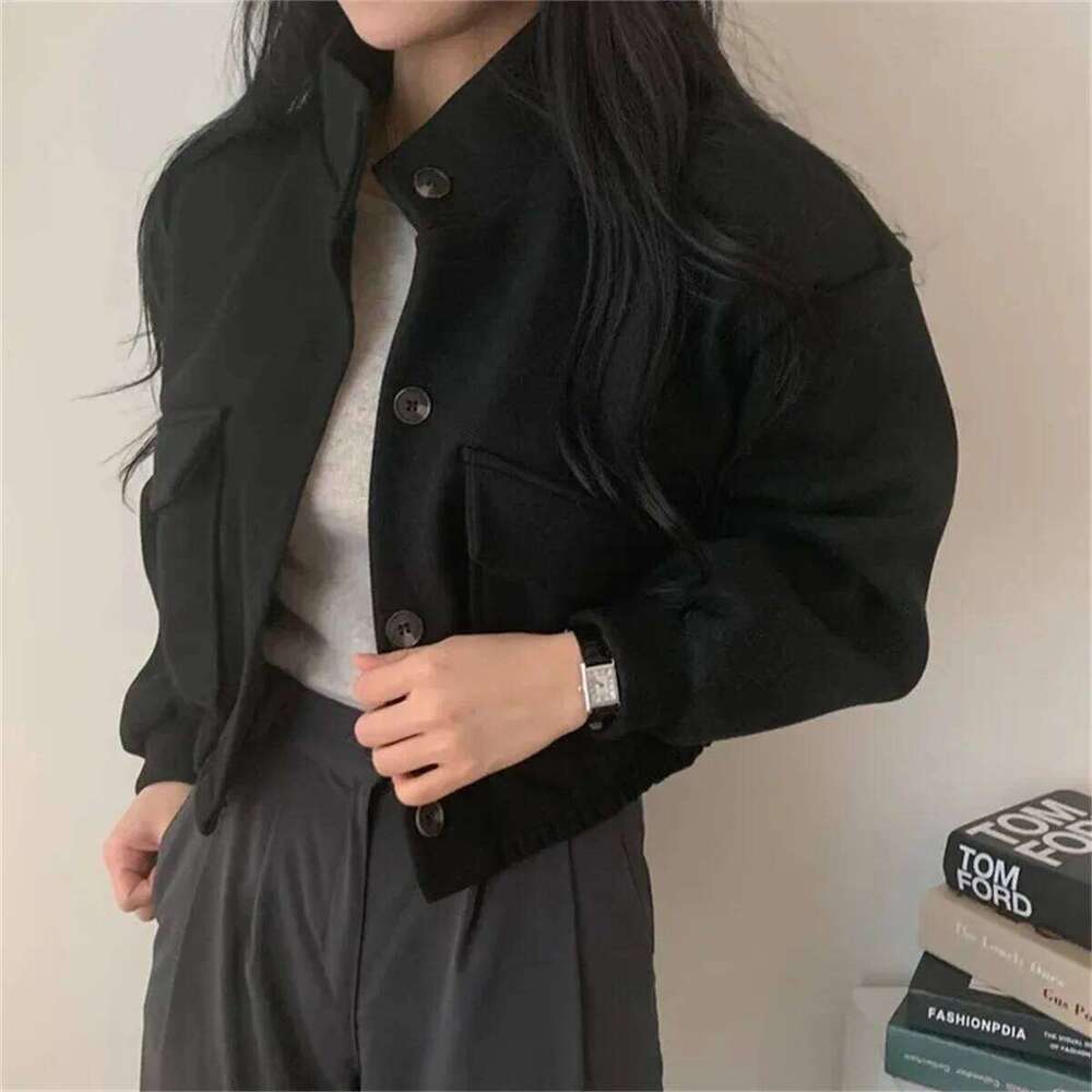 Korean Fashion Autumn Winter Coat Women New In Stand Neck Solid Button Loose Jacket Lady Casual Street Outwear Vintage Clothes