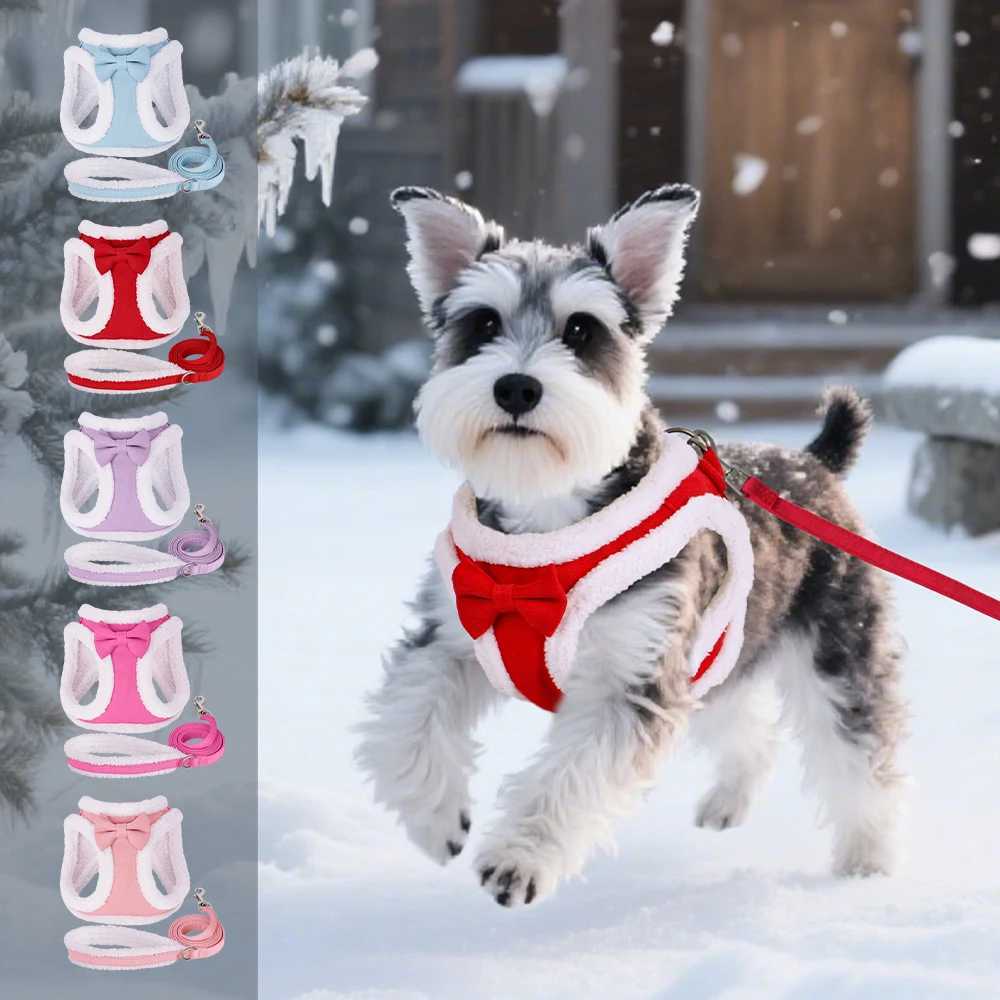 Soft Dog Harness Leash Set Adjustable Dog Harnesses With Cute Bowtie Accessories Warm Winter Pet Vest Lead for Small Medium Dogs J251110