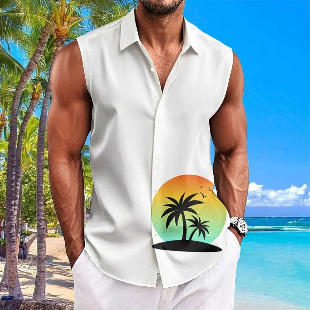 Summer casual mens shirt sleeveless lapel shirt button up beach vacation quick drying Hawaiian shirt mens oversized mens clothing X250410