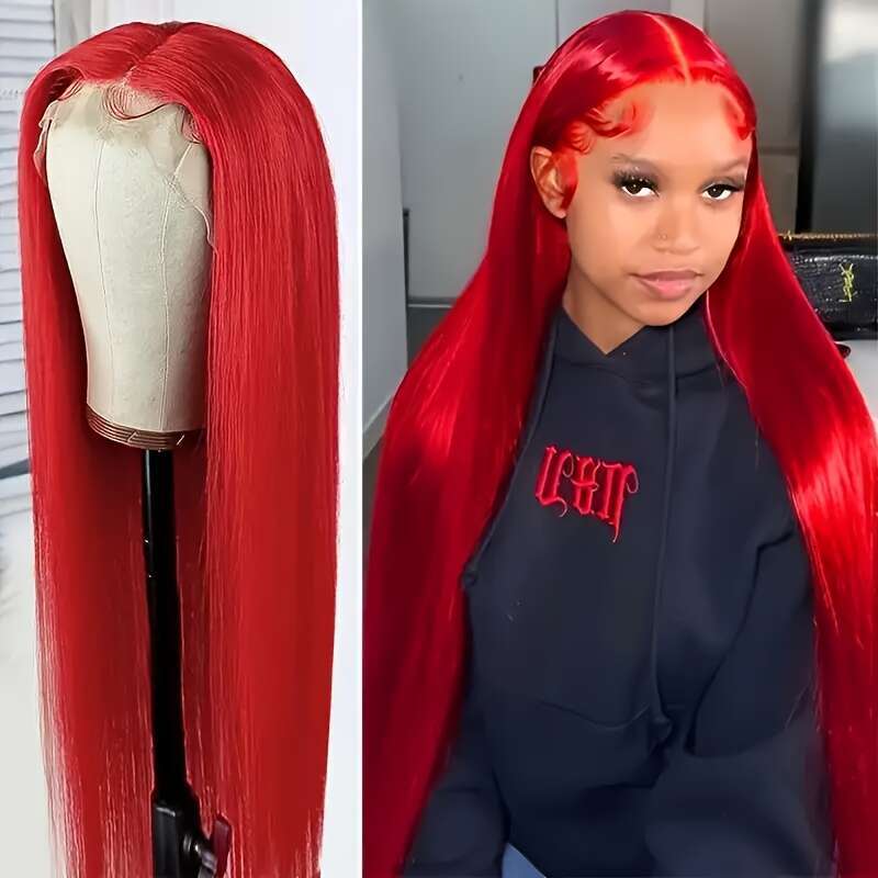 180% Density 13X4 Red For Women Pre-Plucked Baby Brazilian Virgin Straight Lace Front Long Human Hair Wigs