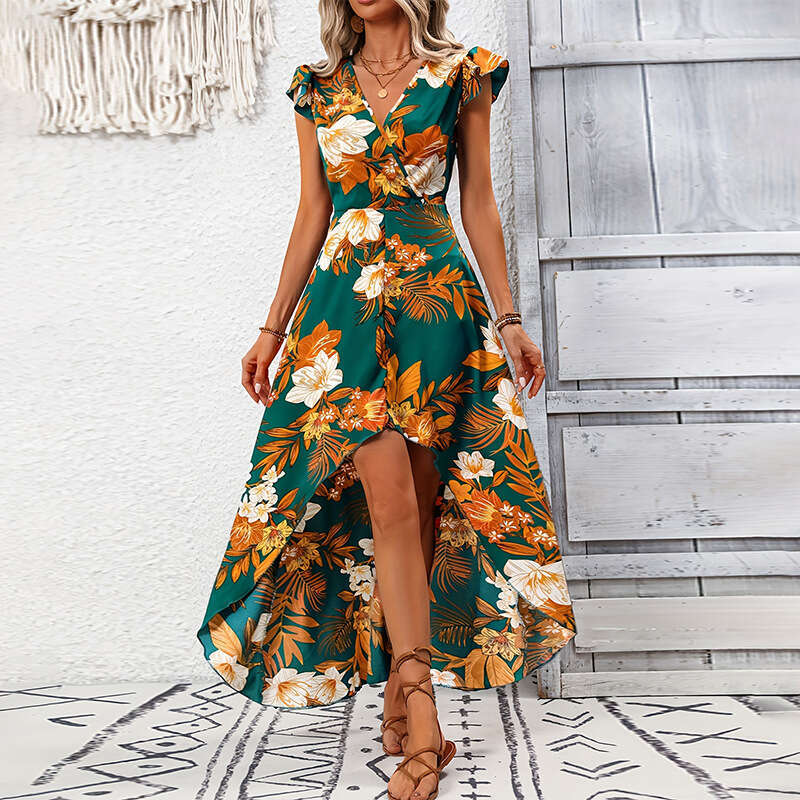 Rui Chuo Cross-Border Amazon Foreign Trade European and American 2025 Summer Vacation Style Floral Slit Mid-Length Dress