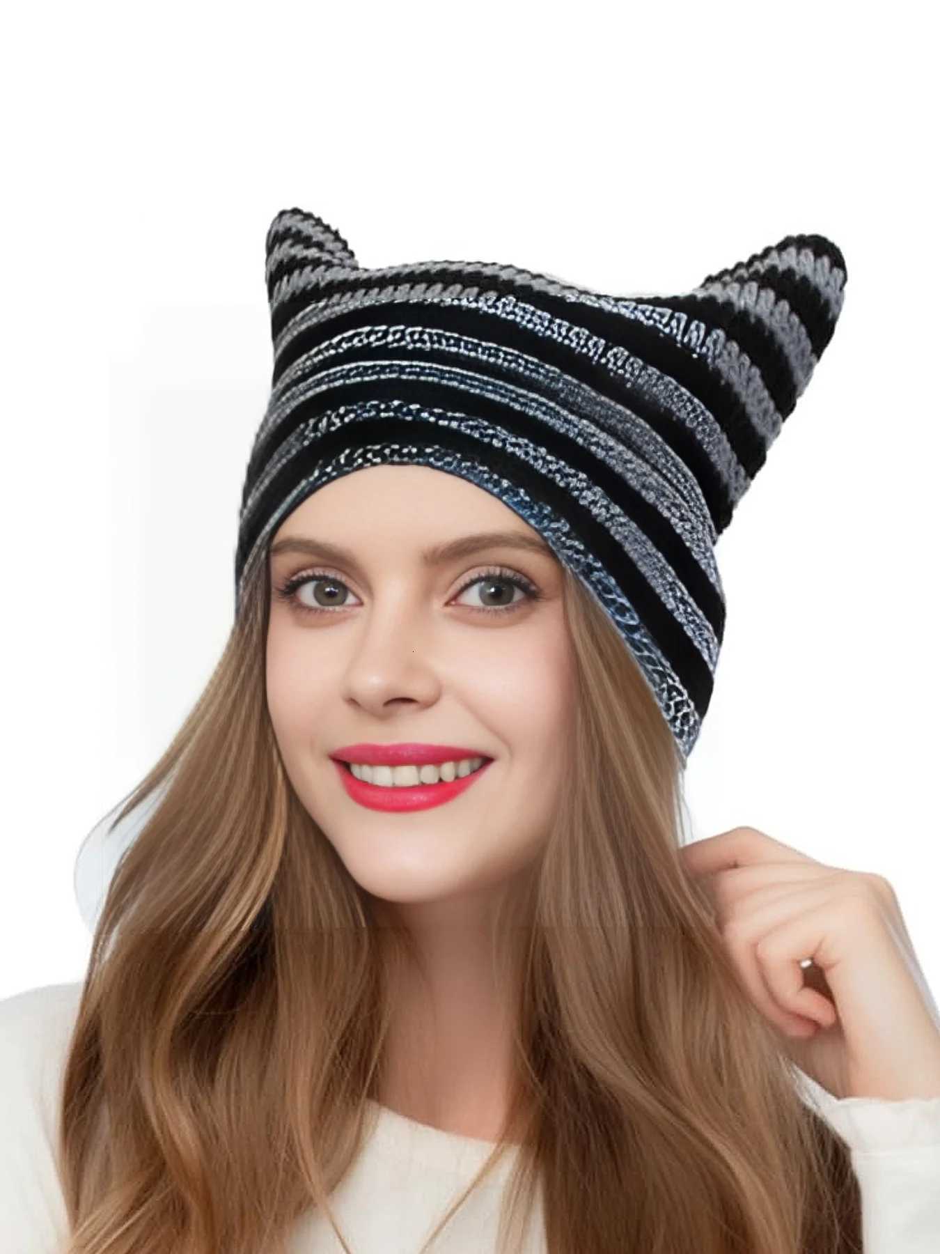 Cute Cat Ear Beanie Crochet Hats for Women Girl Knitted Y2K Striped Winter Warm Loose Fit Handmade HipHop Stylish Skullies CapXJ251110