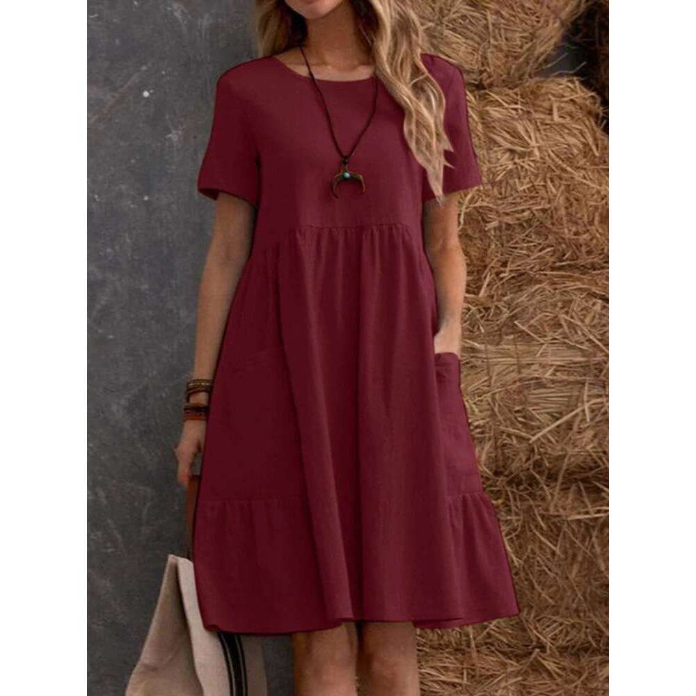 2025 Summer European and American Cross-Border TEMU Independent Station Retro Loose Pocket Solid Color Round Neck Women's Cotton Linen Dress