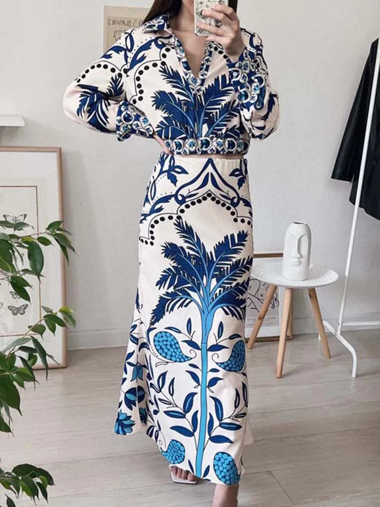 Womens Fashion Printed Midi Ski Set 2piece Long Sleeve Top Retro Casual 250410