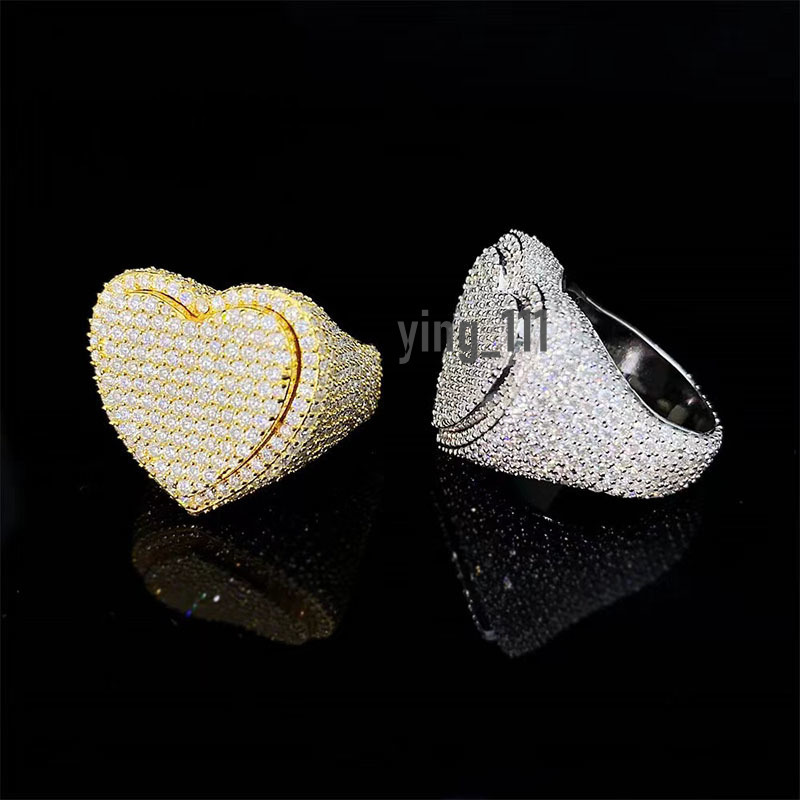 Hip Hop Gold Plated Jewelry Iced Out Diamonds Small Round Moissanite Heart Ring for Men