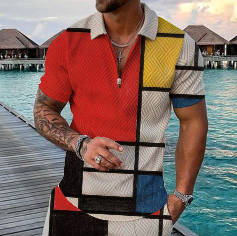 2022 mens new casual contrast Polo zipper Lapel short sleeve suit