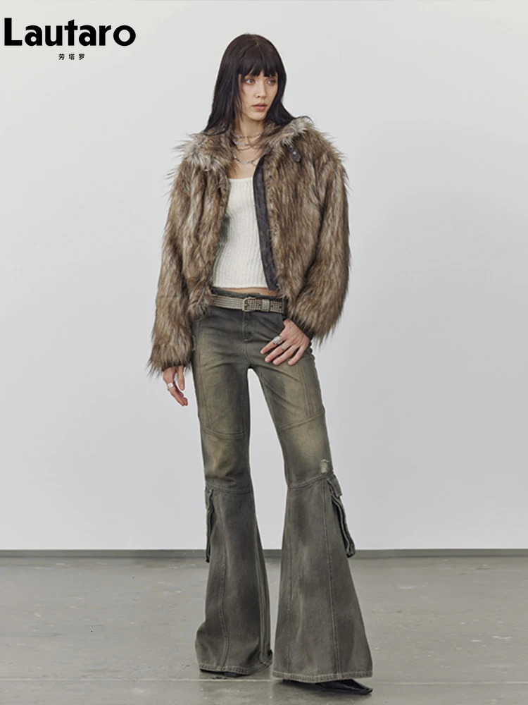 Lautaro Autumn Winter Short Warm Thick Hairy Shaggy Patchwork Faux Raccoon Dog Fur Coat Women Zipper y Fluffy Jacket 251110