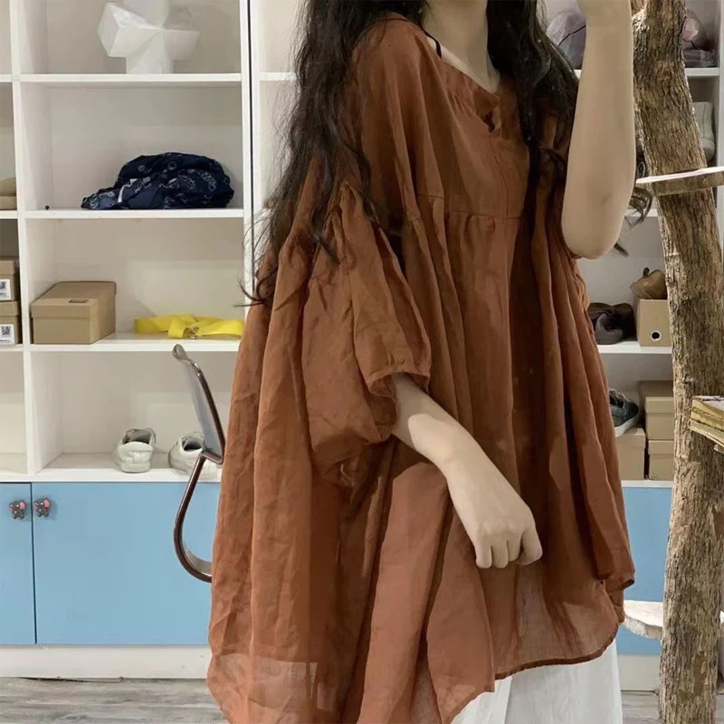 Summer Solid Color Fashion Batwing Sleeve Womens High Street Casual Loose Rally Retro Fiberfrax Full Match Top 250410