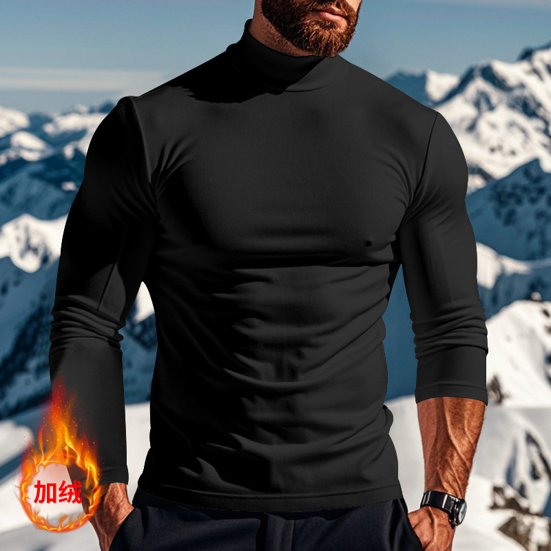 2025 Autumn New Long Sleeve T-shirt Knitted Bottom Shirt Slimming Solid Color Versatile Half High Neck Mens Top
