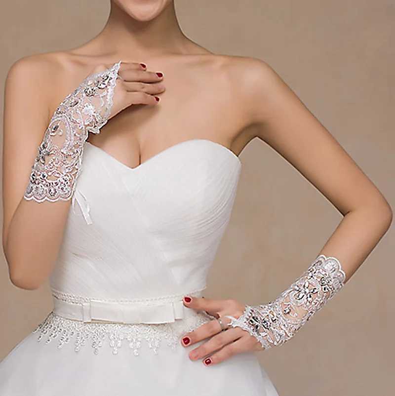 Elegant Women Wedding Lace Gloves Bridal Fingerless Crystal Sequins White Hook Finger Drawstring Gloves Marriage Accessories L251110