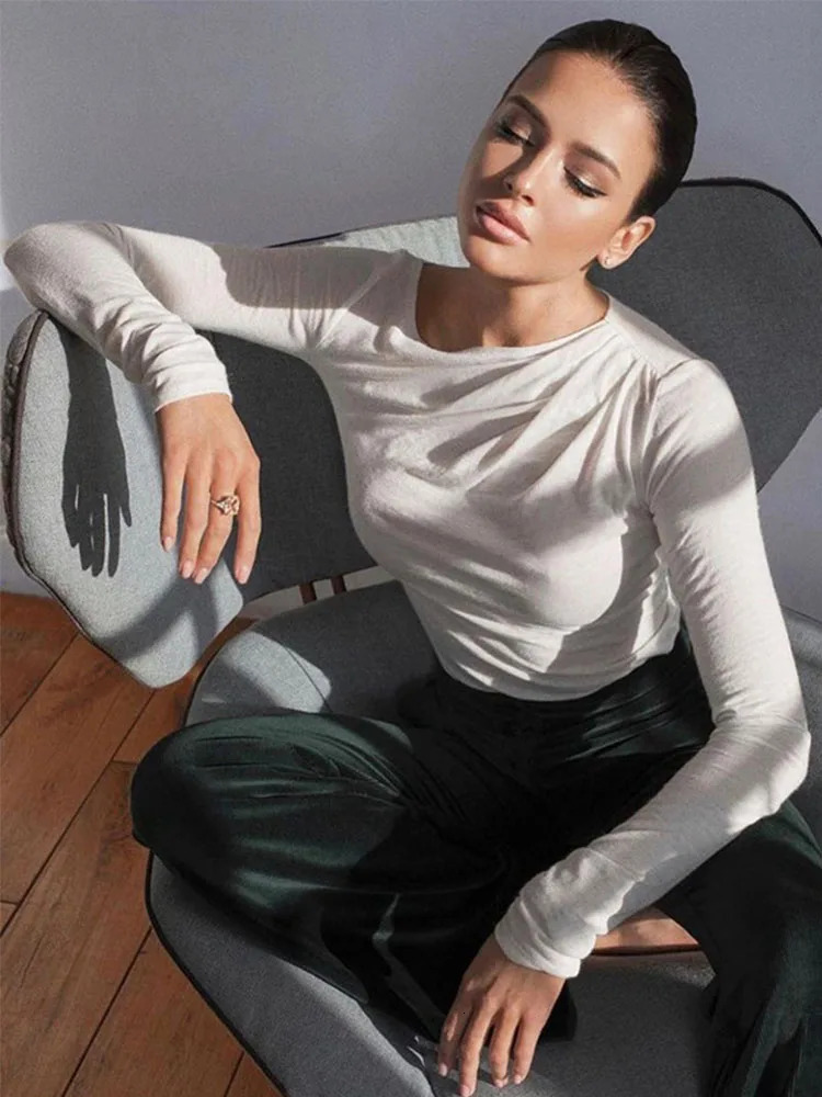 Long sleeved top white womens basic crop autumn polover solid color round neck Tshirt street clothing black Y2K 250407