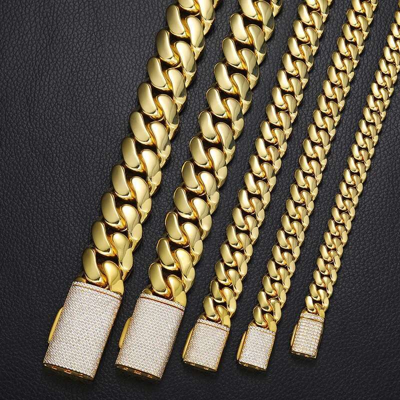 12-20mm wide Hip Hop Bling Iced Out Round Cuban Miami Link Chain Necklaces for Men Rapper Jewelry Gold Silver Color
