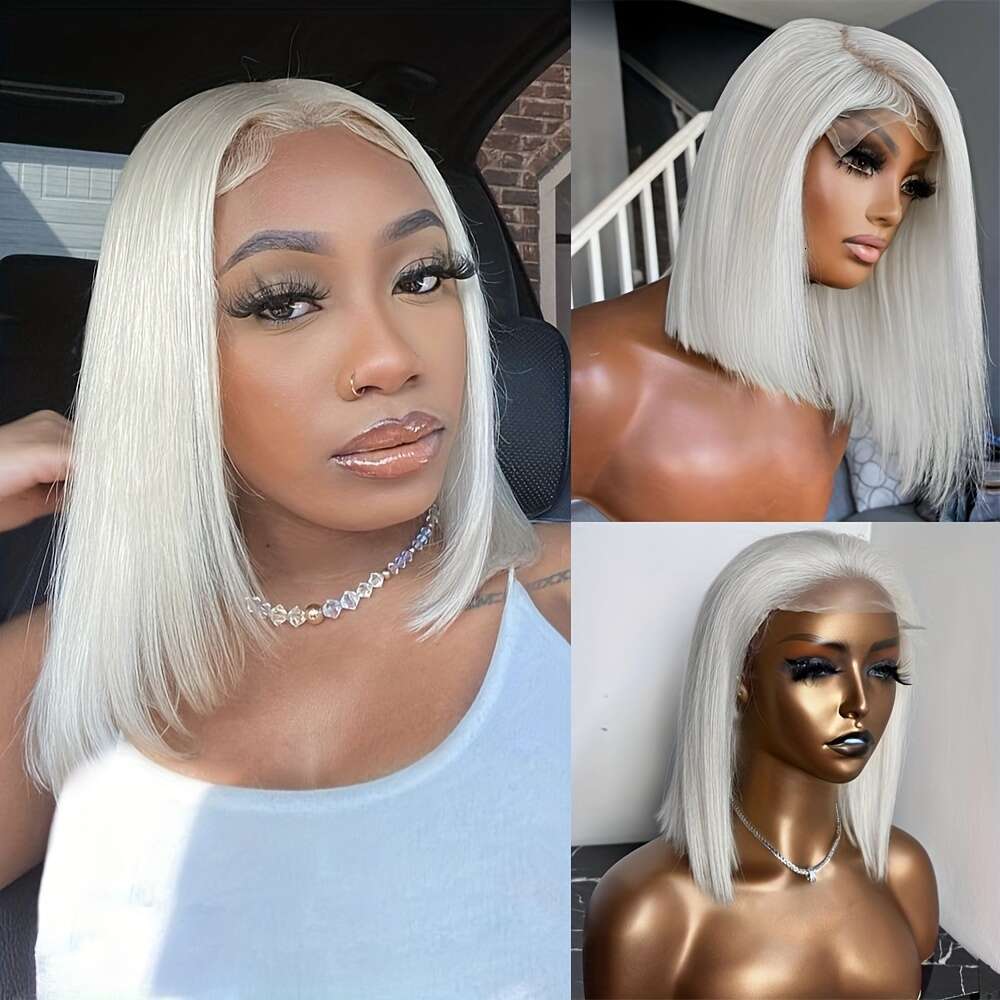 Short Bob White Colored Brazilian Pre Plucked Straight Wig With Natural Hairline Pixie Cut White Golden Blonde Color Transparent Lace Remy Human Hair 