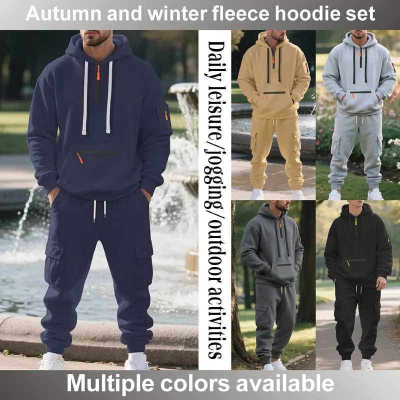 Mens Fleece Tracksuit Half-Zip Hooded Sweatshirt Set Drawstring Waist Multi-Pockets for autumn and winter Casual Outdoor Home W251110