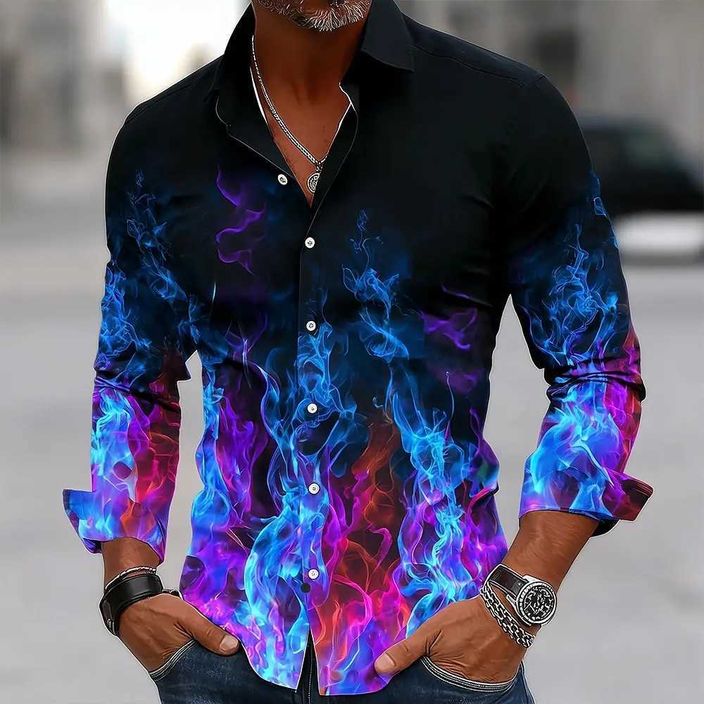 Hip Hop Flame Print Shirt Men Streetwear 2025 Fashion Long Sleeve Tops Urban Trendy Graphic Tee Shirt Casual Loose Fit Clothing K251110