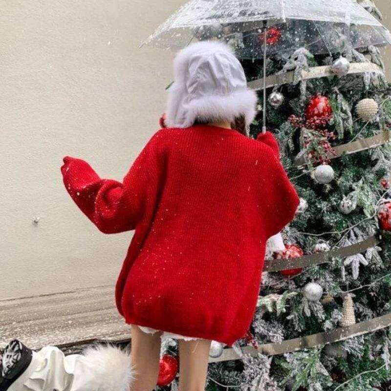 Women's Christmas Red Sweater Cartoon Knitted Festive Pullovers Warm Winter Soft Korean Fashion Slouchy Girls New Designer Sweater Women
