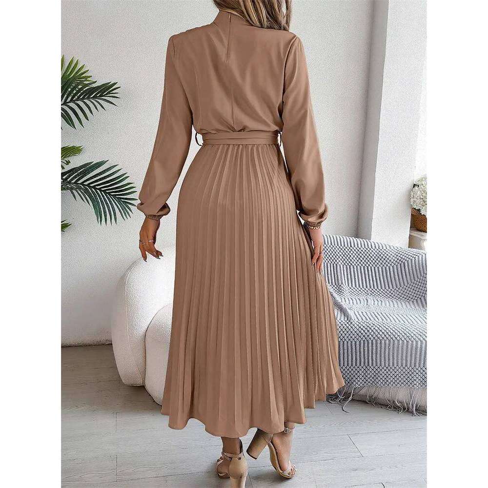 Msfilia Elegant Stand Collar Spring Summer Solid Long Women Full Sleeve High Waist Design Pleated Dress