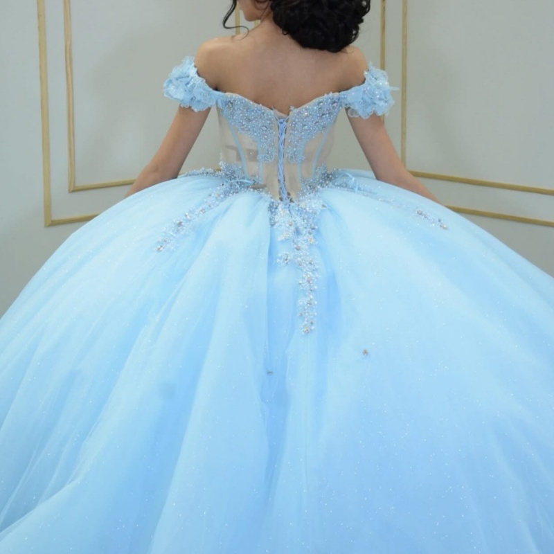 Sky Blue Shiny Quinceanera Dresses Off Shoulder Ball Gown Sweet 16 Dress Beading Glower Tiered Tull Birthday Party Vestidos 15 De Anos