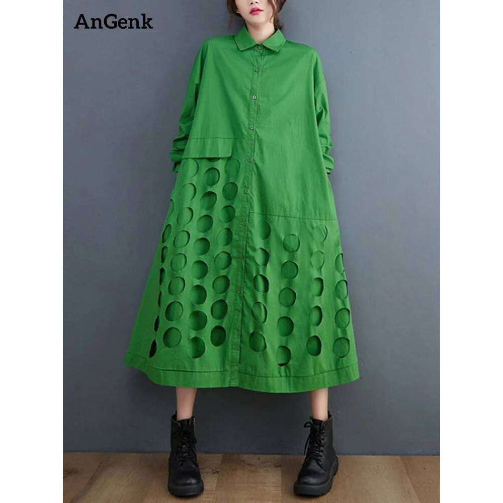 Green Vintage Hollow Out Shirt Dresses For Women New Long Sleeve Loose Casual Dress Elegant Clothing Fashion Spring Autumn 2025