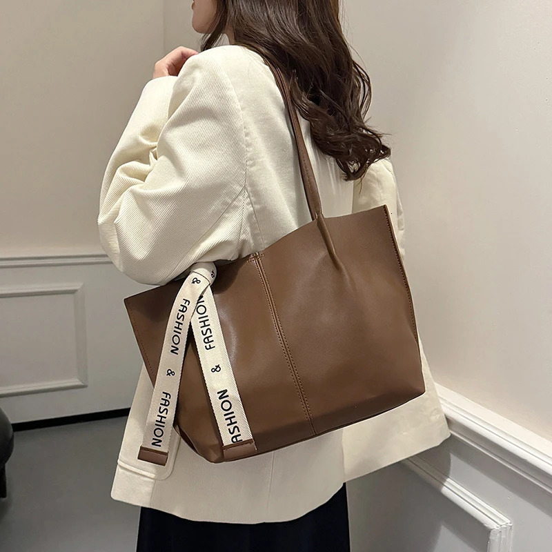 Retro Fashion Soft PU Solid Color Womens Shoulder Bag Ribbon Deco Large Capacity Female Leisure Tote Bag For Commute Outings R251110