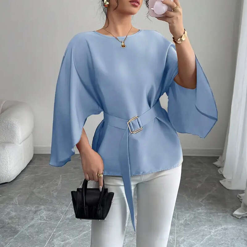 2025 Autumn New Cross-Border Independent Station Wish European and American Elegant Style Solid Color Shirt Blouse Flared Mid-Sleeve Women's Clot