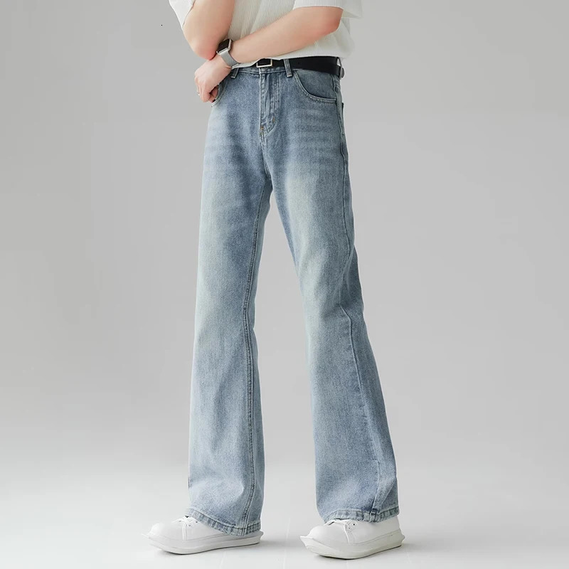 Mens comfortable pocket commuting jeans mens fashionable casual bell bottom jeans Korean style simple retro straight denim Trouser 250408