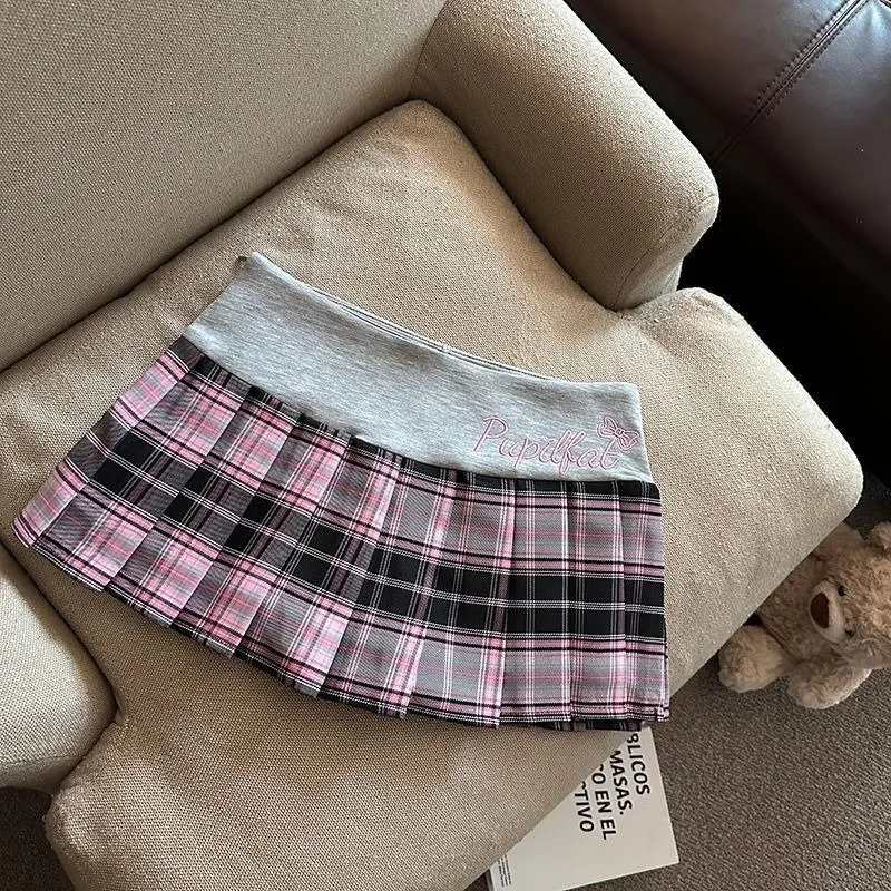 Harajuku Sweet Pink Letter ed Plaid Splitting Skirts for Women Summer High Waist Slimming Anti Exposure Wrinkle 250410