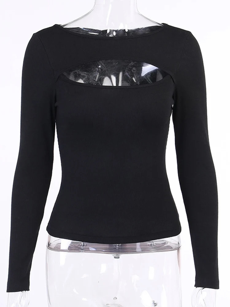 Autumn womens hollow solid black and white long sleeved knitted Tshirt top casual slim fit Oneck fashionable 250407