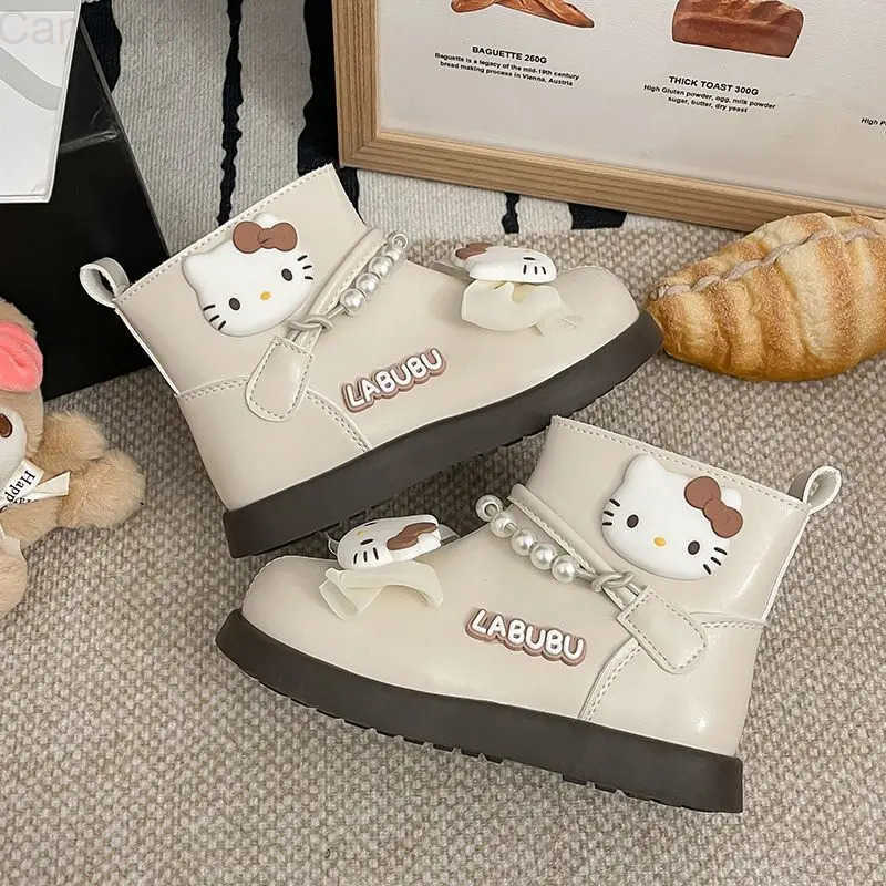 Sanrio Kawaii Hello Kitty Children Cute Cartoon Comfortable Warm Leather Boots Students Waterproof Boots Flat Shoes for Kids H251110